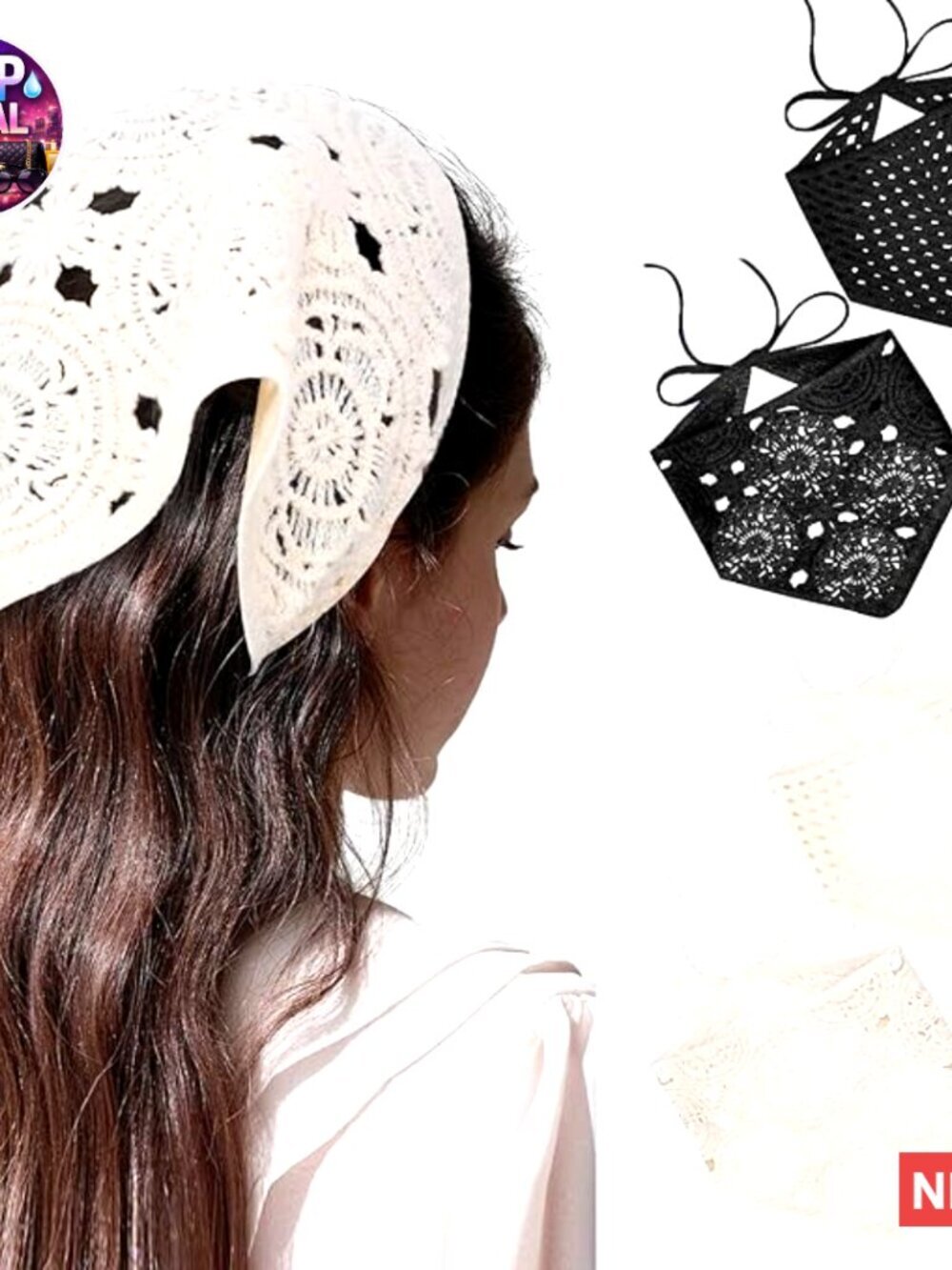 4 Pack Crochet Bandanas Headscarf with Hair Pins, Vintage Floral Headband